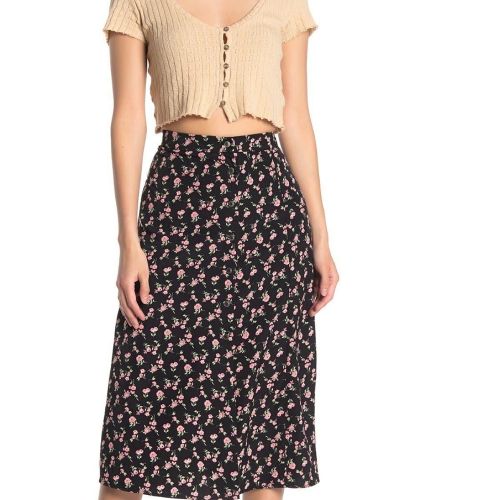 Good Luck Gem Black and Pink Floral Midi Skirt Size XS